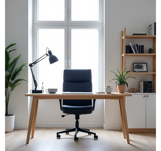Moderne hjemmekontor med rent design, funksjonelle møbler og Trekkfugl Hjemme belysning.